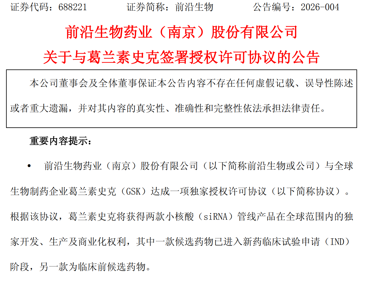 前沿生物小核酸药授权GSK